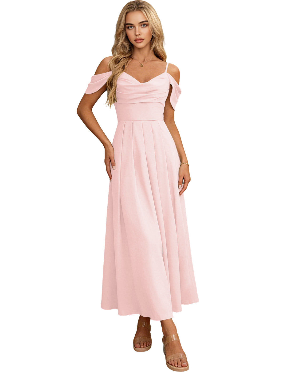 Off Shoulder Midi Bridesmaid Dress with Pleated Bodice and Flowing dress