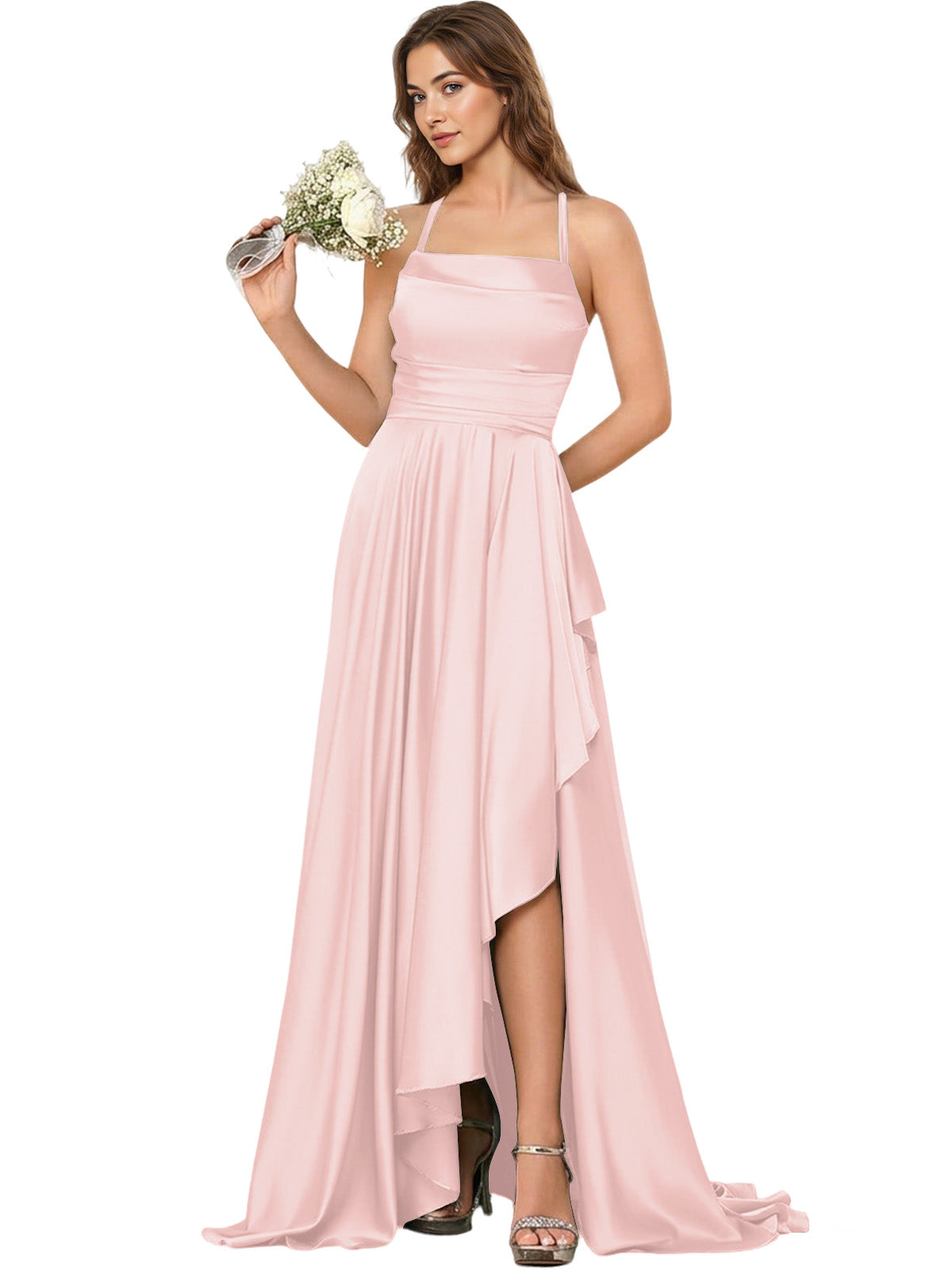 Open Back Halter Bridesmaid Dress with High Low Overlay dress