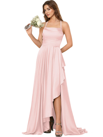 Open Back Halter Bridesmaid Dress with High Low Overlay dress