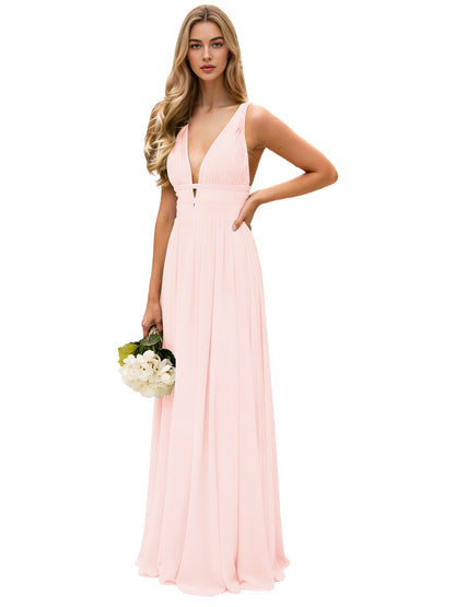 Spaghetti Strap V-Neck Chiffon Bridesmaid Dress with Open Back