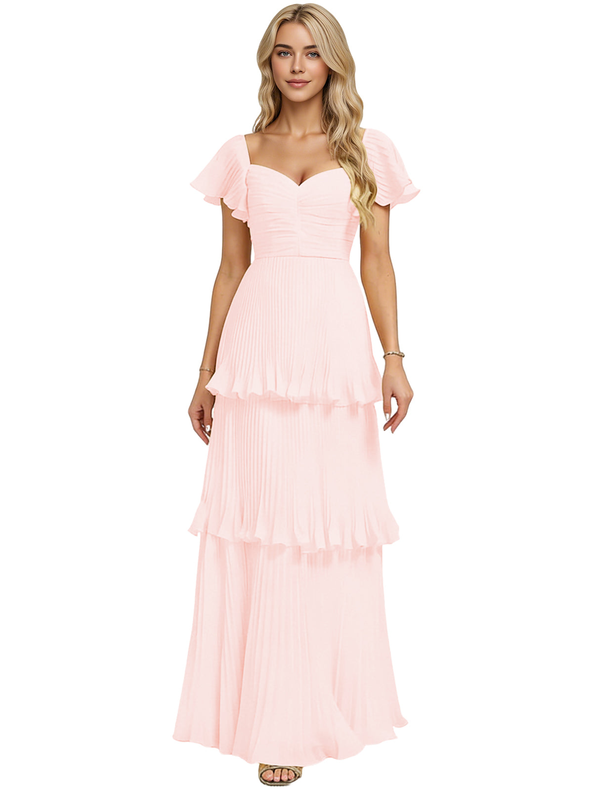 Tiered Ruffle Chiffon Bridesmaid Dress with Sweetheart Neckline
