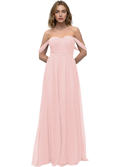 Off Shoulder Sweetheart Chiffon Bridesmaid Dress with Ruched Bodice