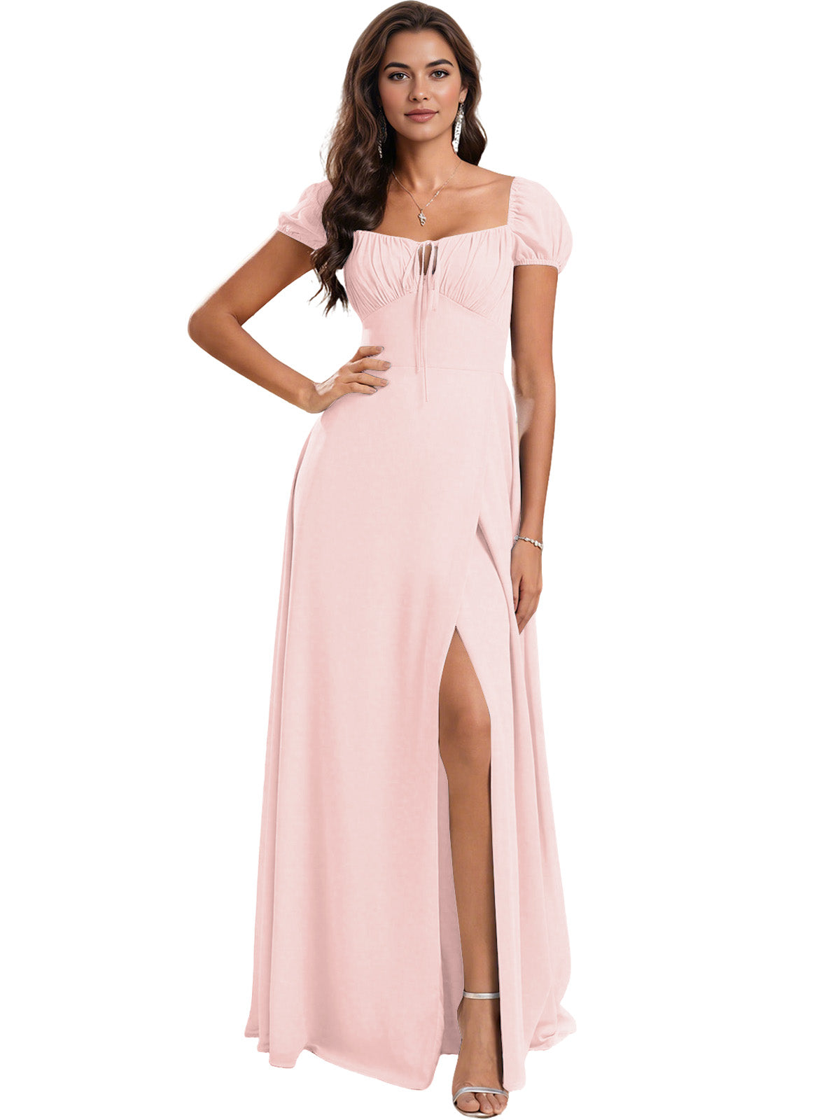 Ruched Short Sleeve Chiffon Bridesmaid Dress with Side Slit
