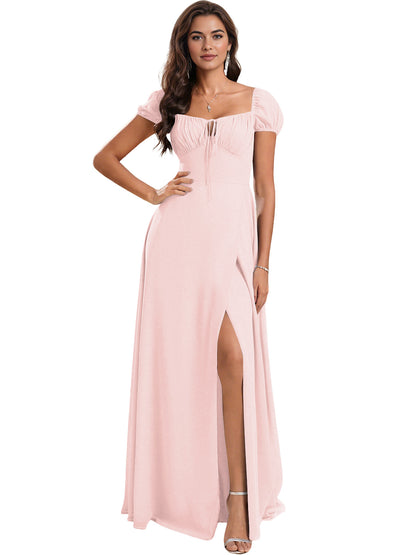 Ruched Short Sleeve Chiffon Bridesmaid Dress with Side Slit