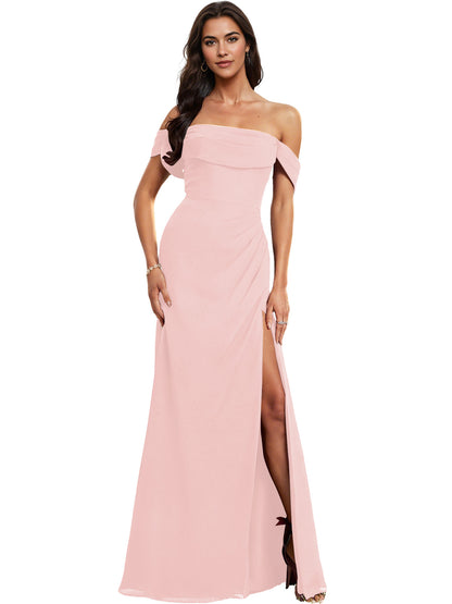 Off Shoulder Crepe Bridesmaid Dress with Foldover Neckline and Slit