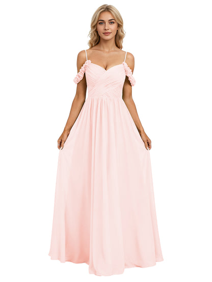 Off Shoulder Lace Applique Bridesmaid Dress with Flowing Chiffon dress