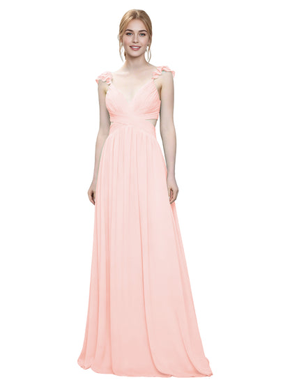 Ruffle Strap V-Neck Tulle Bridesmaid Dress with Pleated Waist