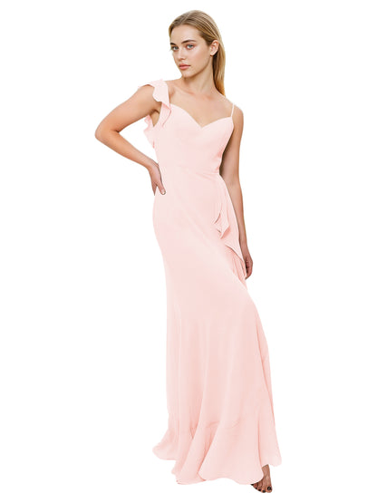 V-Neck Ruffle Strap Bridesmaid Dress with Cascading Chiffon Dress