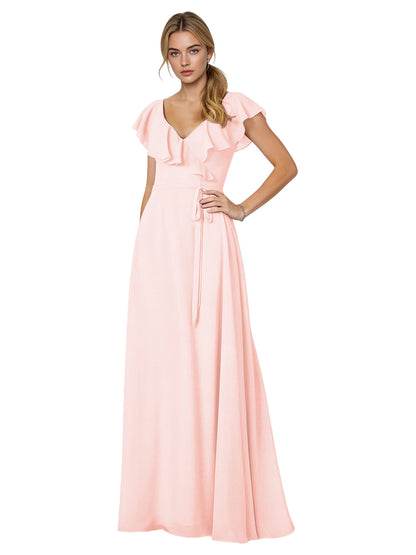 Tie Neck Chiffon Bridesmaid Dress with Flutter Sleeves