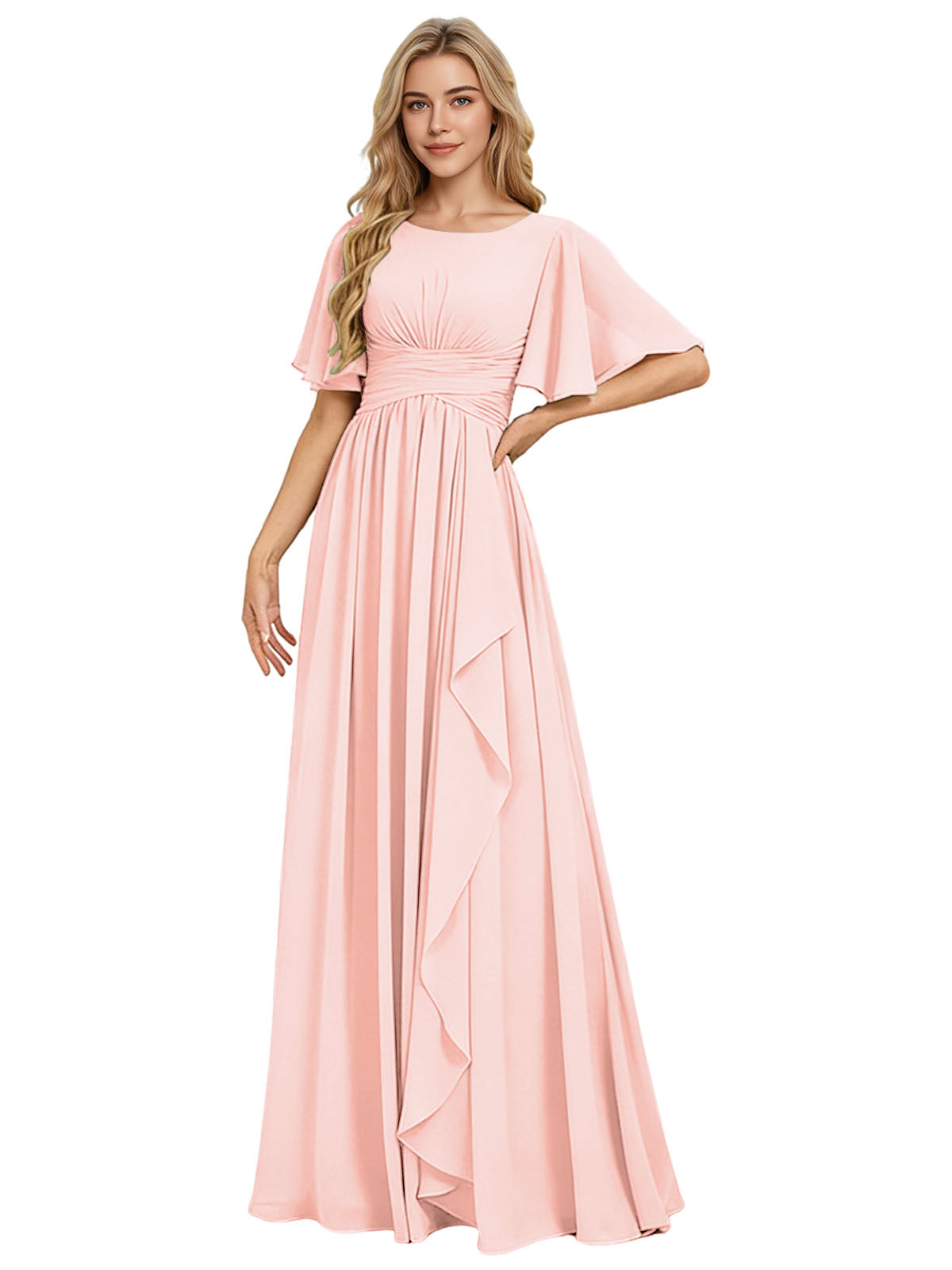 Flutter Sleeve Chiffon Bridesmaid Dress with Tiered Front Ruffle