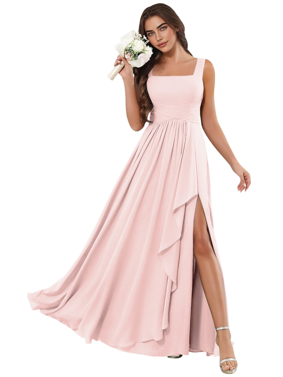 Square Neck Chiffon Bridesmaid Dress with Corset Back and Slit