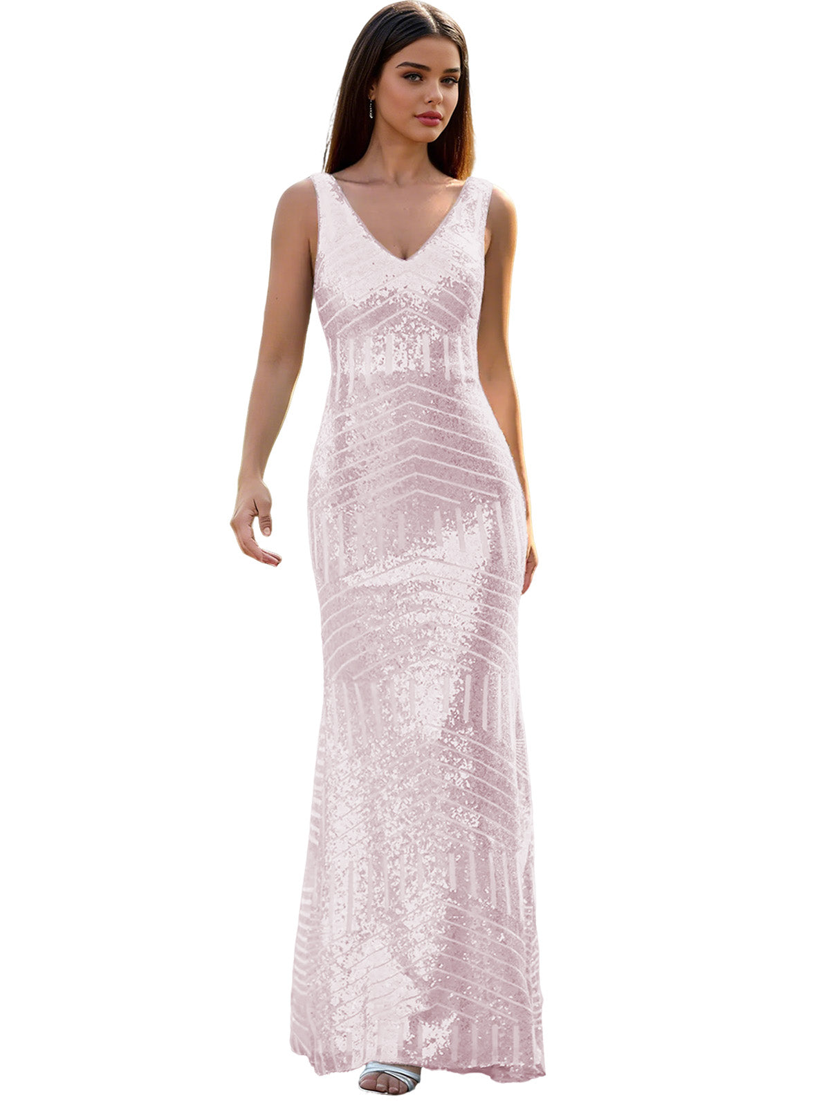 V-Neck Sequin Column Prom Dress with Beaded Waist and Low Back