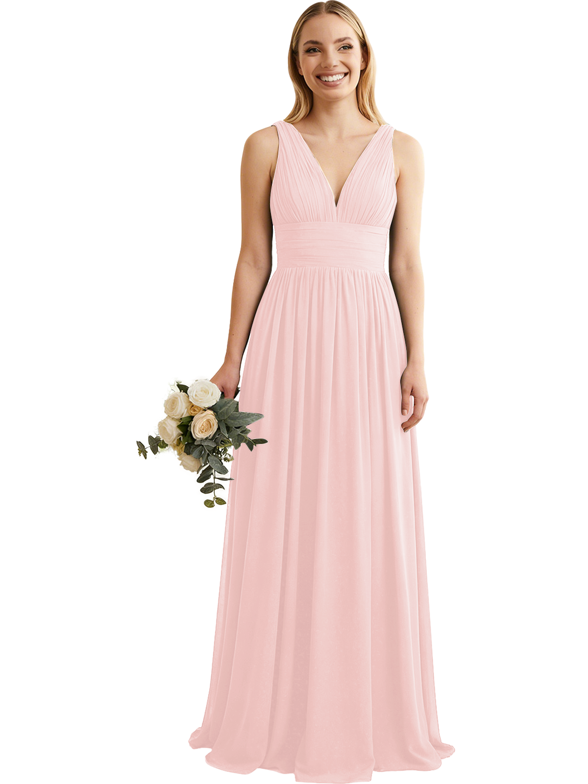 Deep V-Neck Chiffon Bridesmaid Dress with Pleated Waist
