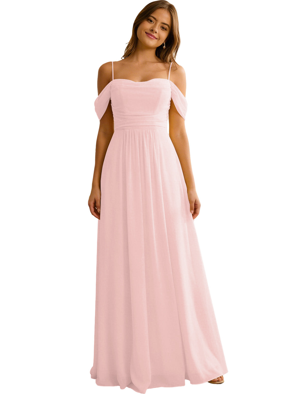 Off Shoulder Chiffon Bridesmaid Dress with Soft Pleated Bodice