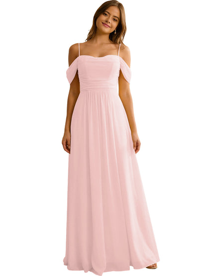 Off Shoulder Chiffon Bridesmaid Dress with Soft Pleated Bodice