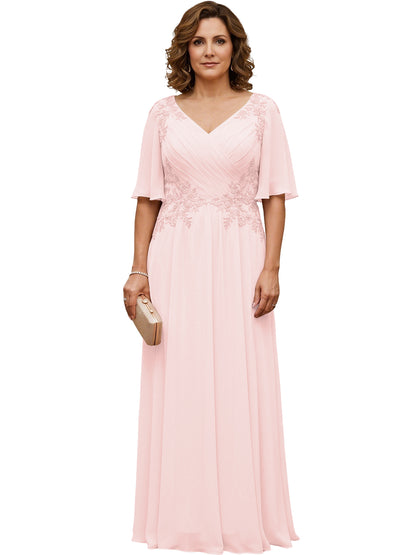 Mother of the Bride Dress Long Chiffon A-Line Gown with Flutter Sleeves and Beaded Lace
