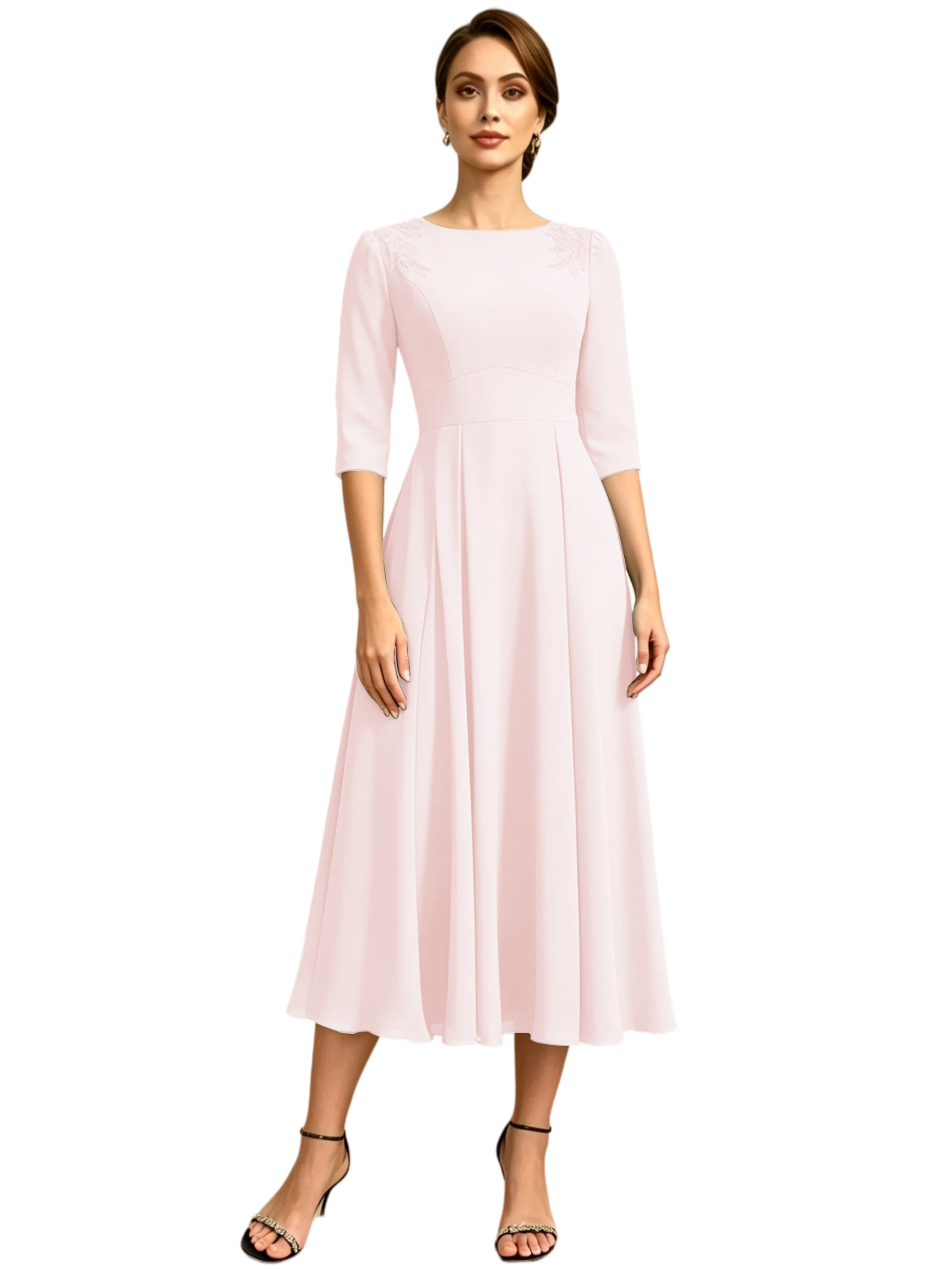 Tea Length Mother of the Bride Dress Jewel Neck Chiffon A-Line Formal Gown with Embroidery