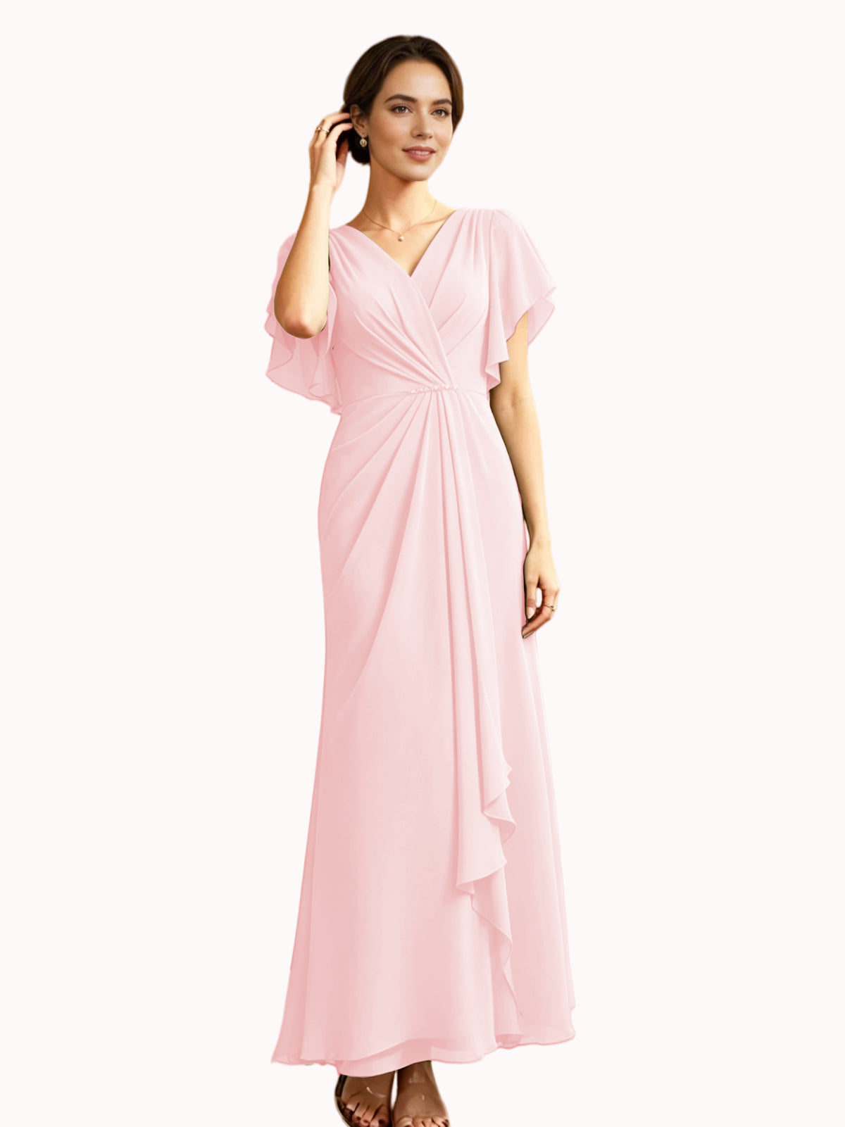 Long Chiffon Mother of the Bride Dress V-Neck Flutter Sleeve A-Line Gown with Beaded Waist