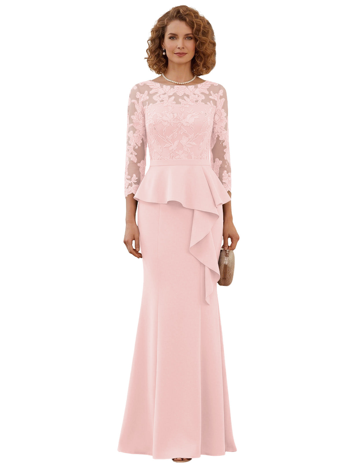 Long Mother of the Bride Dress Lace Illusion Bodice Peplum Mermaid Formal Evening Gown