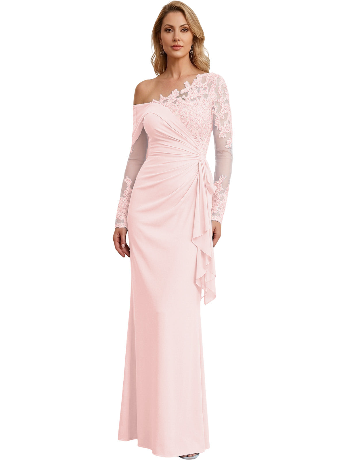 One Shoulder Mother of the Bride Gown Long Lace Sleeve Mermaid Dress with Draped Ruffle