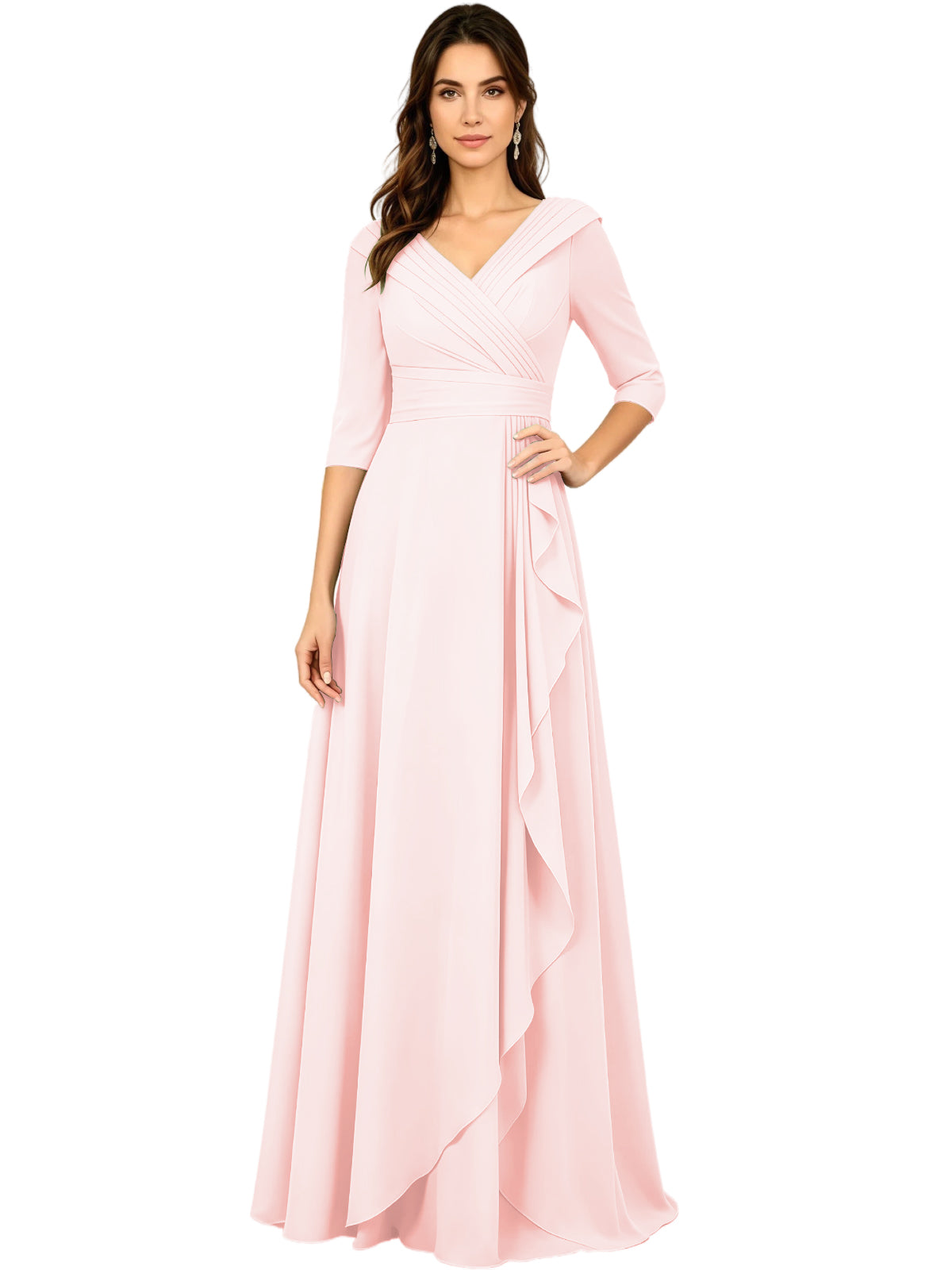 Long V-Neck Mother of the Bride Dress Chiffon Half Sleeve A-Line Gown with Side Ruffle