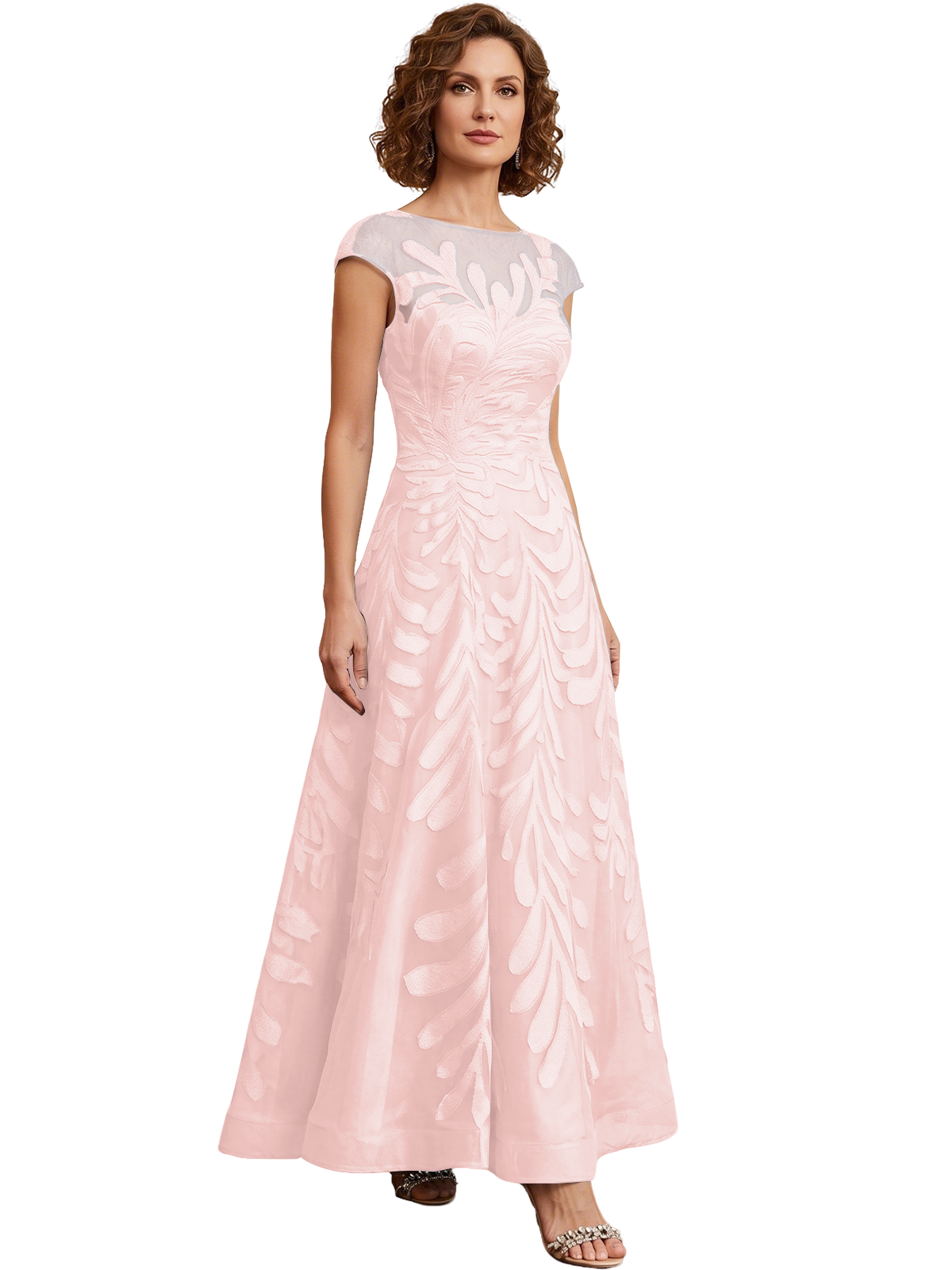 Embroidered Tulle Mother of the Bride Dress Long A-Line Gown with Illusion Cap Sleeves