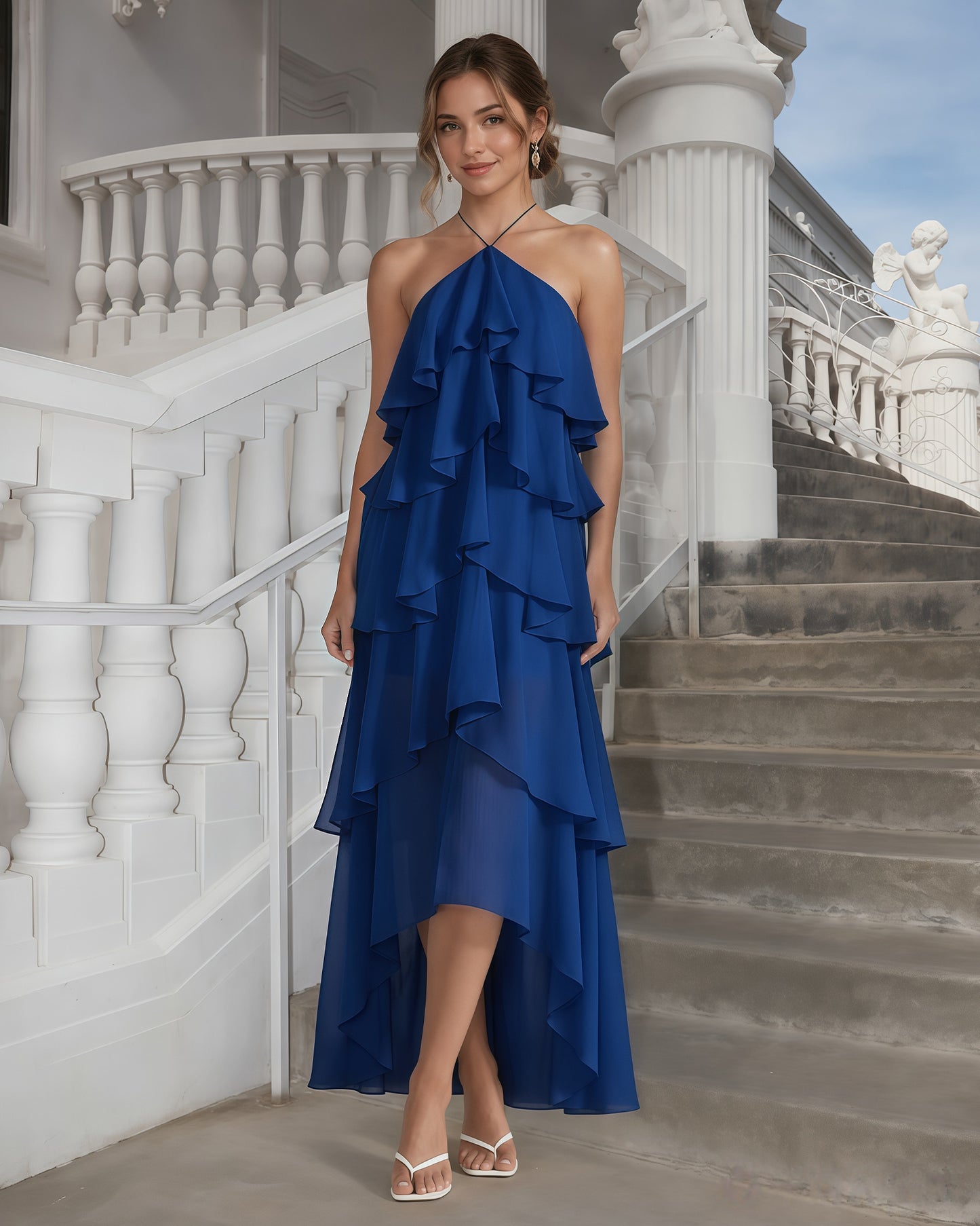 One-Shoulder Tiered Ruffle High-Low Chiffon Formal Dress