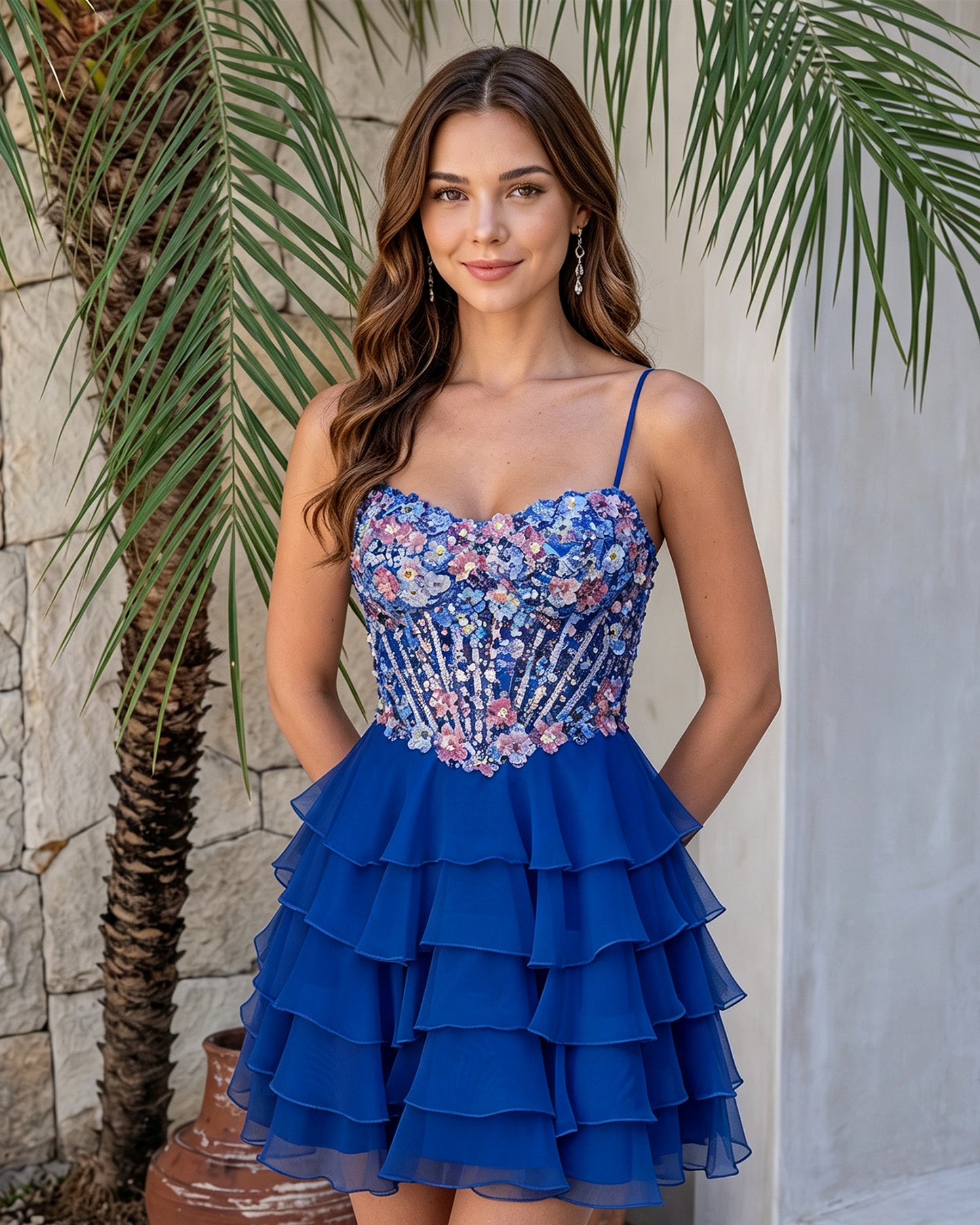 Spaghetti Strap Floral Embroidered Corset Ruffle Mini Homecoming Dress