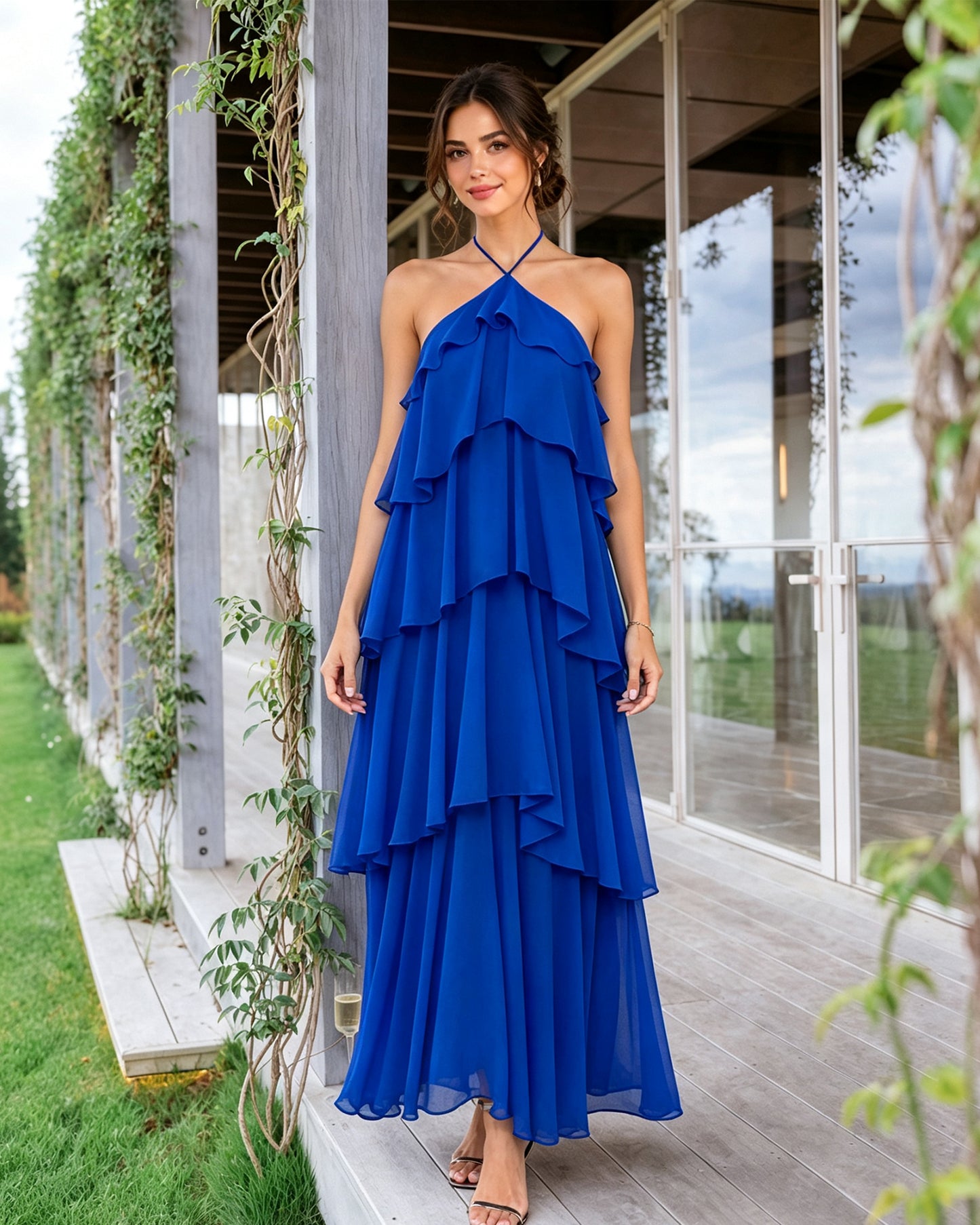 Halter Neck Tiered Chiffon Bridesmaid Dress with Ruffle Overlay