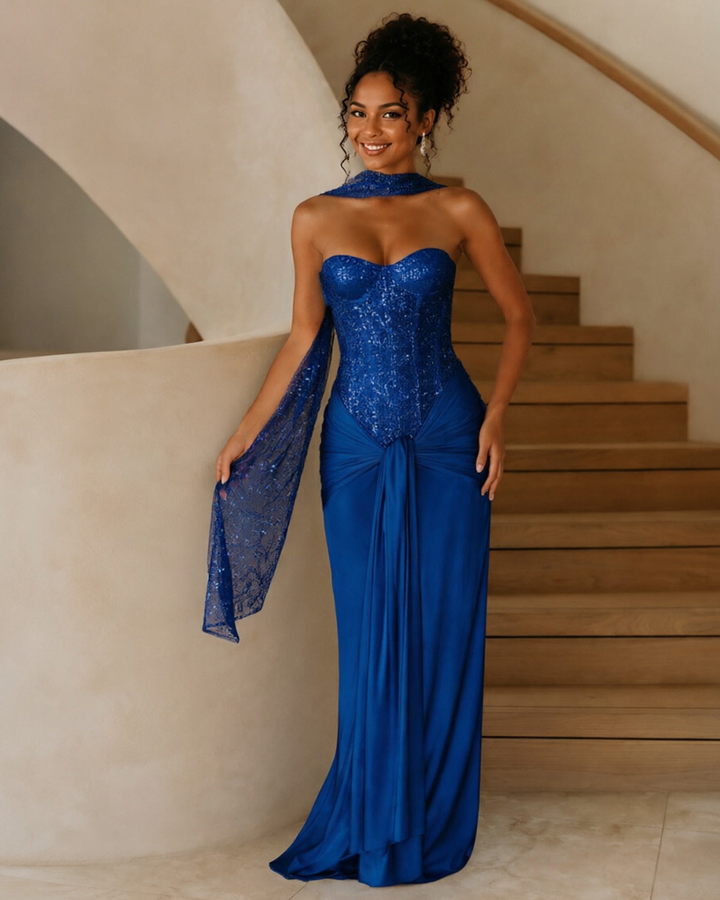 Strapless Sequin Corset Jersey Prom Dress with Draped Scarf Detail