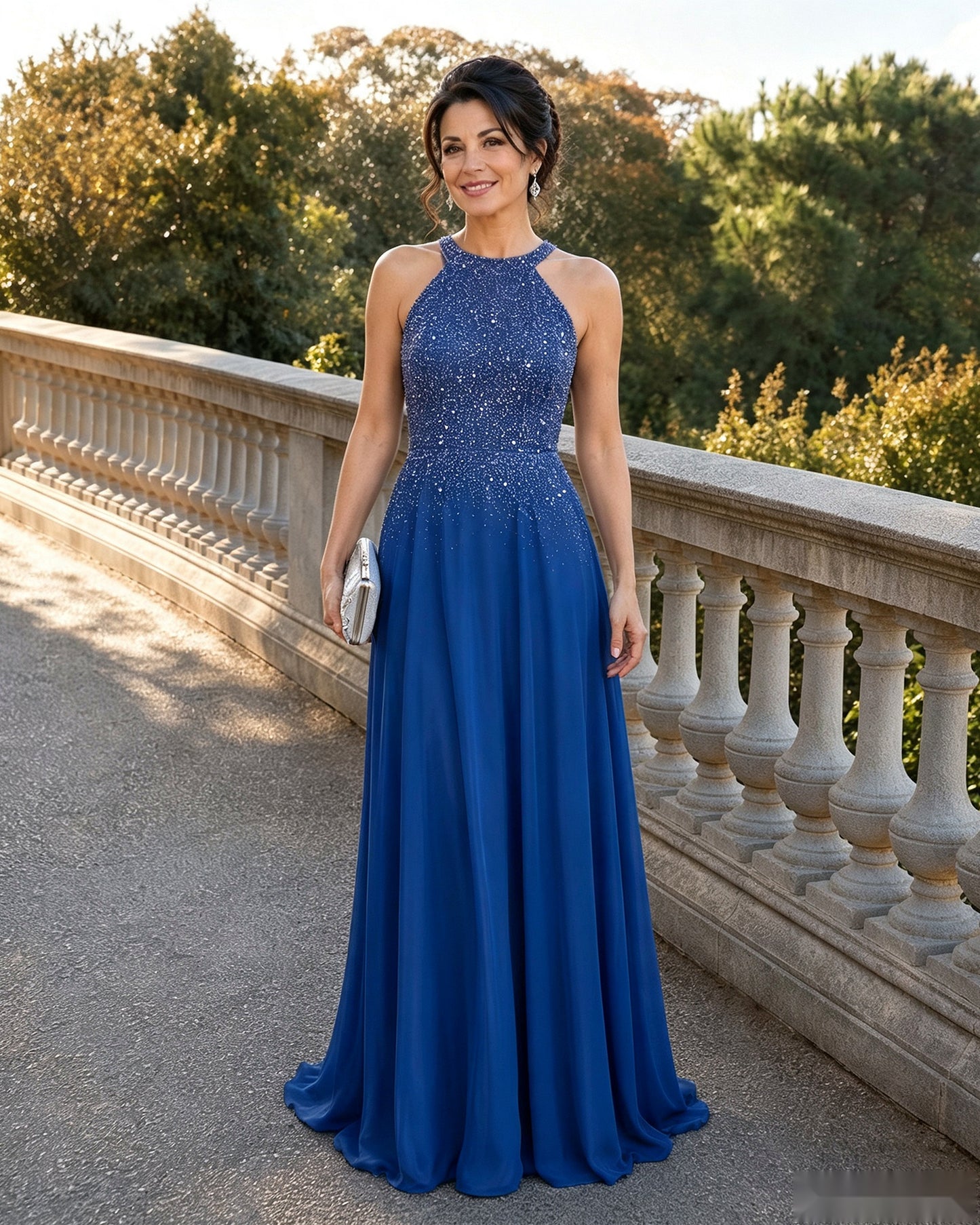 Halter Neck Sequin Chiffon A-Line Mother of the Bride Dress