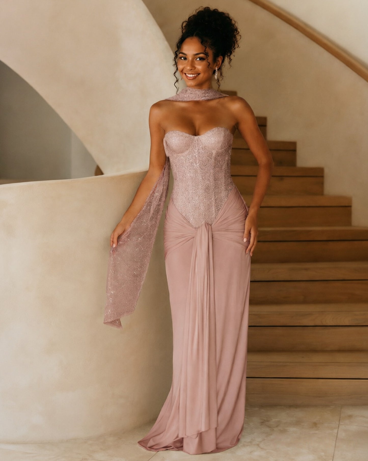 Strapless Sequin Corset Jersey Prom Dress with Draped Scarf Detail