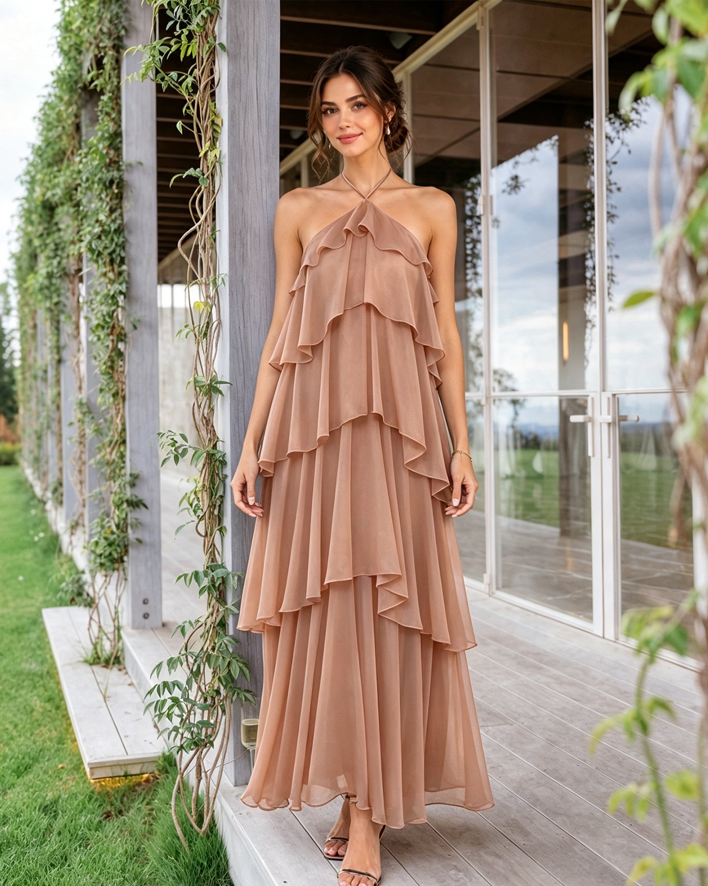 Halter Neck Tiered Chiffon Bridesmaid Dress with Ruffle Overlay