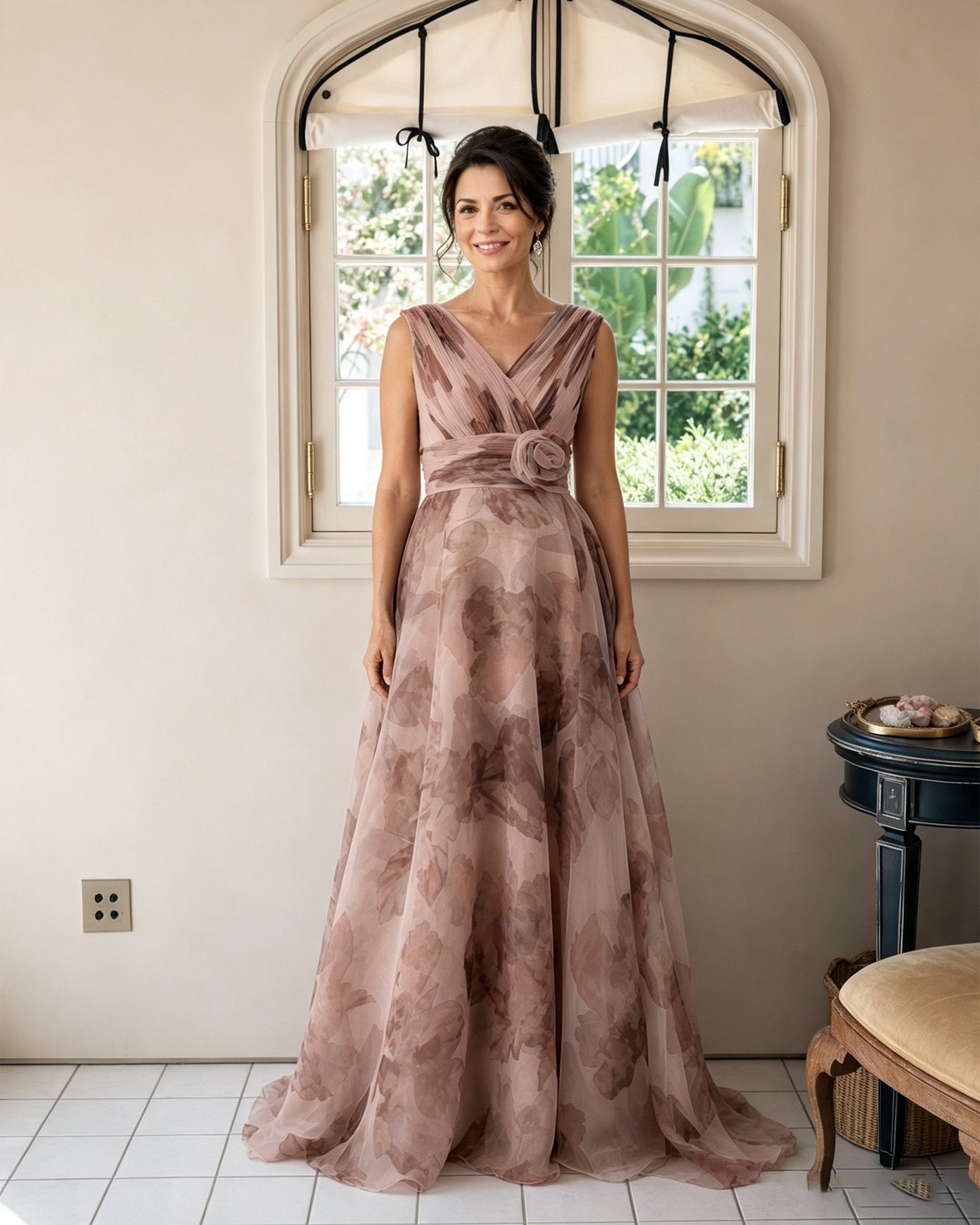 Floral Print V-Neck Chiffon Mother of the Bride Dress with Rosette Sash
