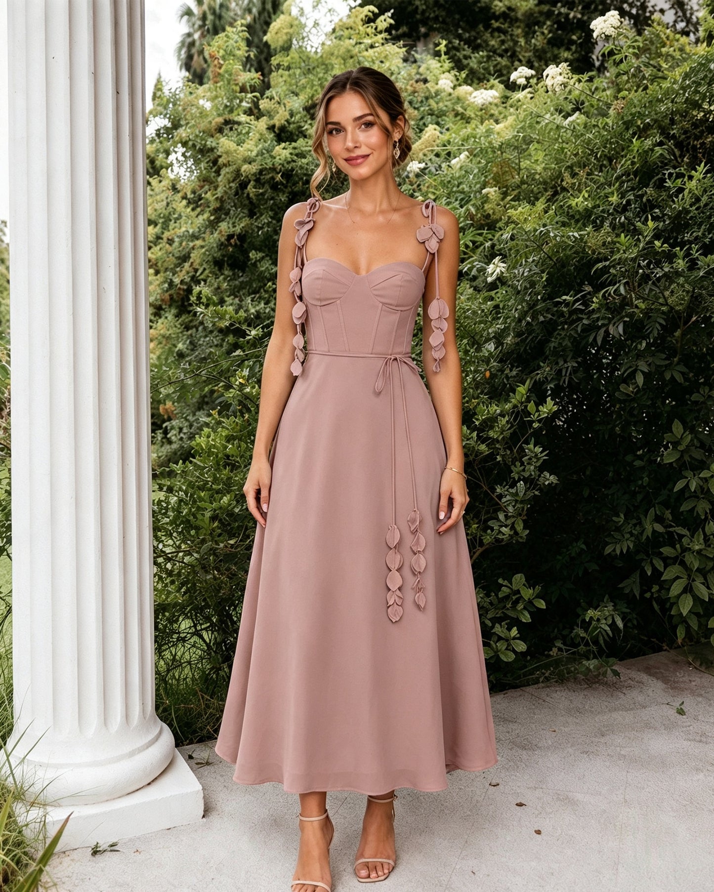 Sweetheart Floral Strap A-Line Midi Bridesmaid Dress with Corset Bodice