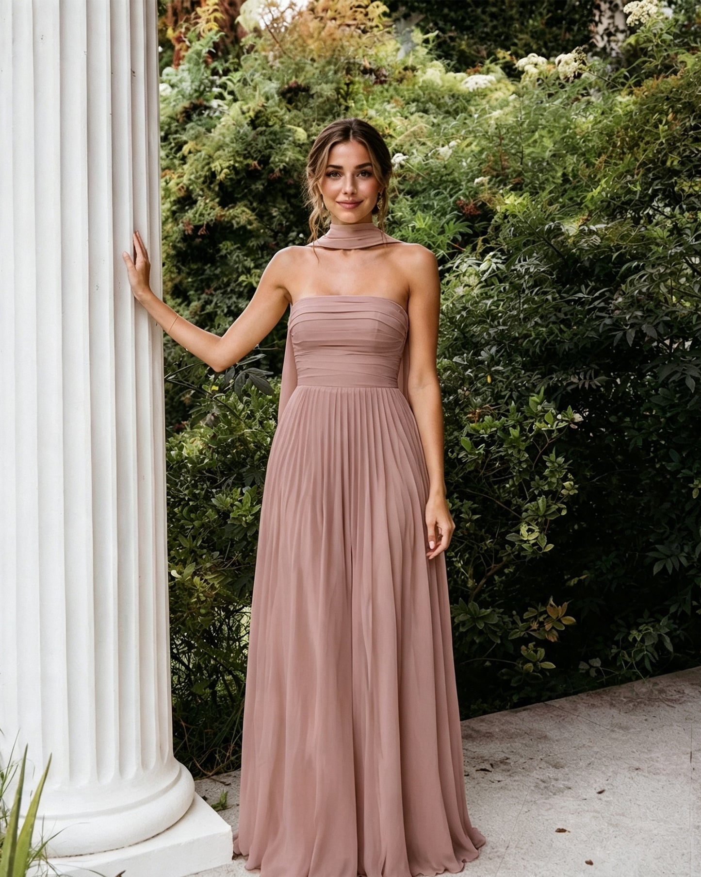 Strapless Chiffon A-Line Bridesmaid Dress with Neck Scarf and Lace-Up Back
