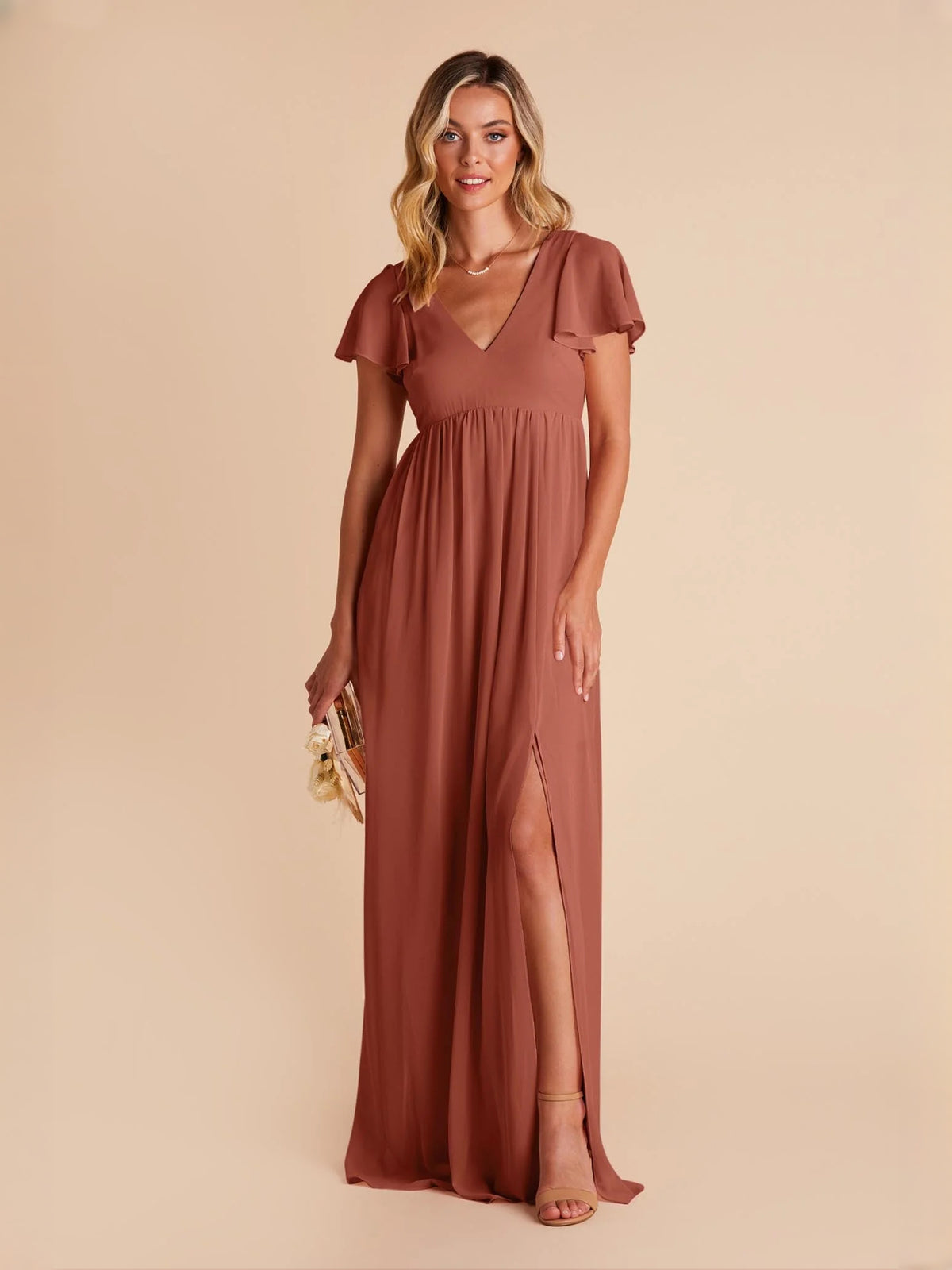 Side-Slit Slit V Neck A-Line Maxi Chiffon Bridesmaid Dress for Estate Wedding