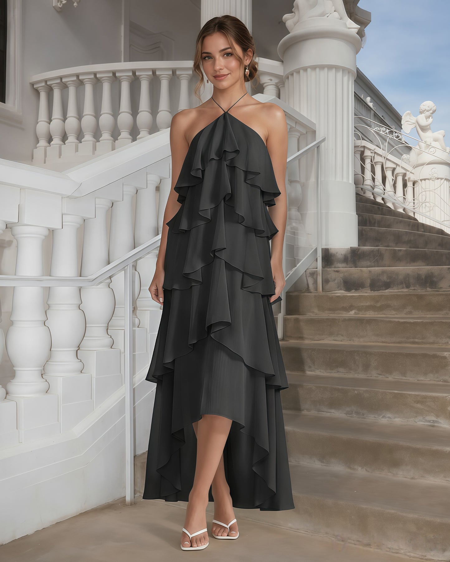 One-Shoulder Tiered Ruffle High-Low Chiffon Formal Dress