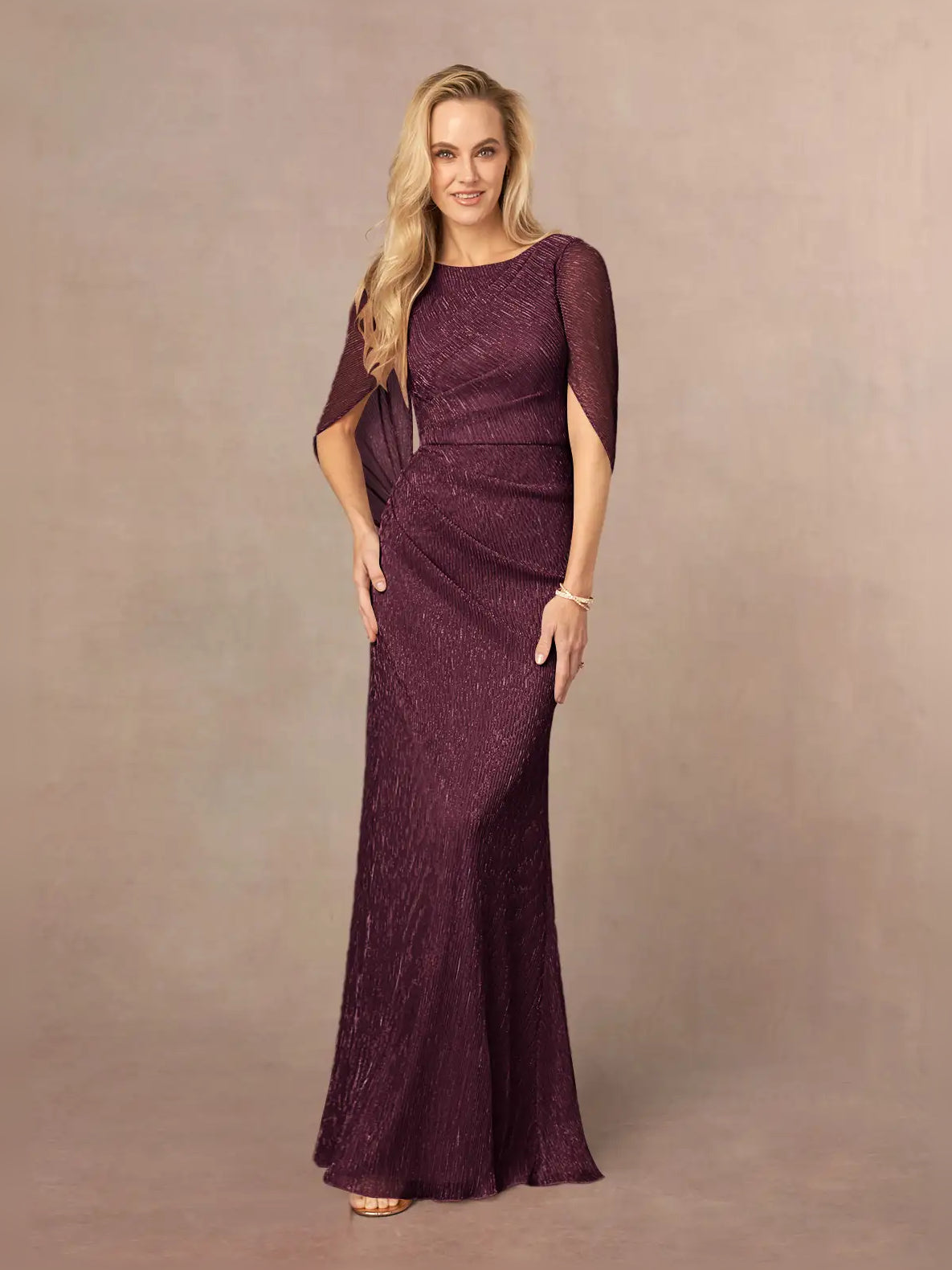 Ruched Pleated Draped Scoop Neck Sheath Maxi Mother of the Bride Dress for Formal Ceremony