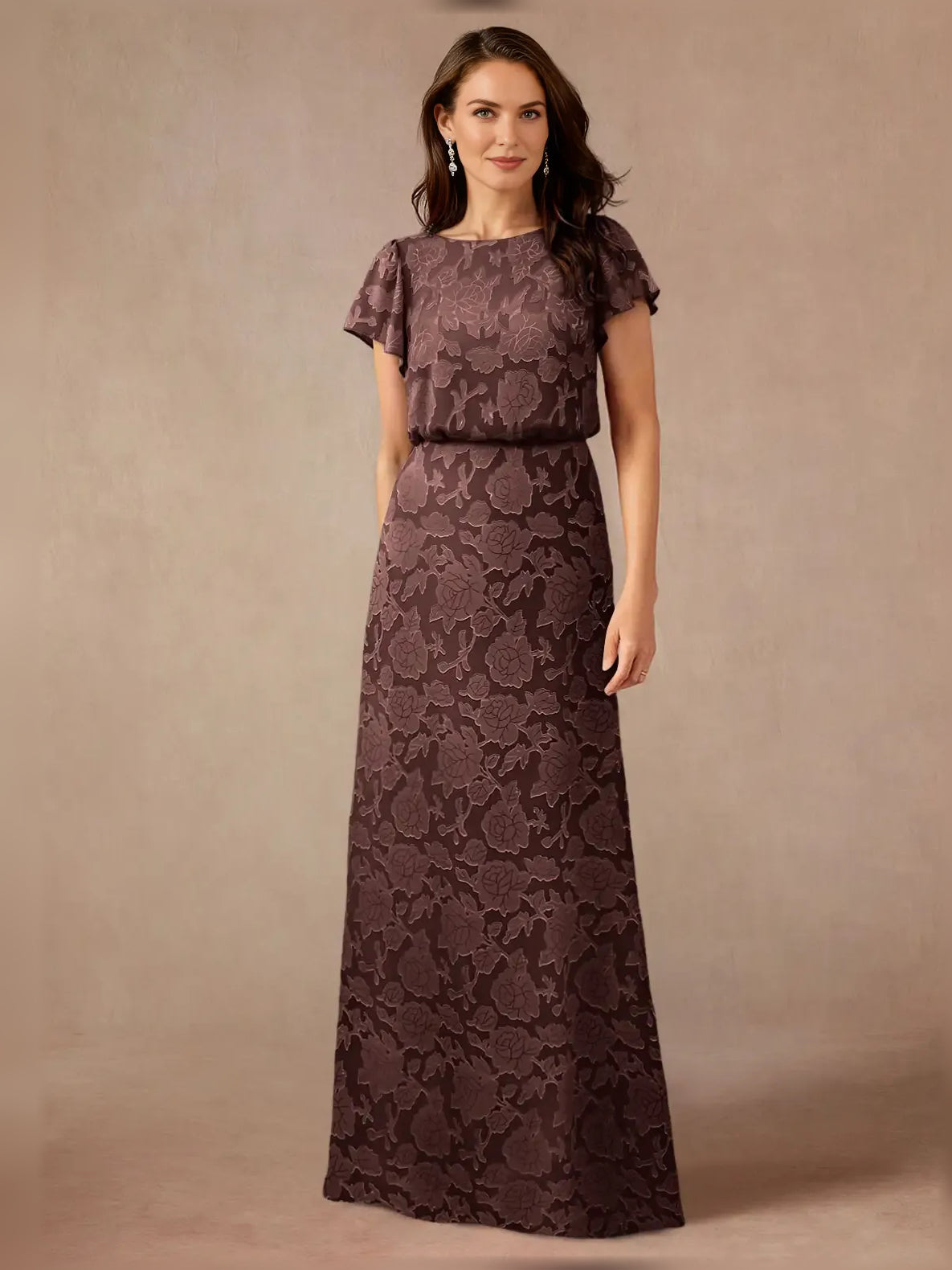 Draped Floral Boat Neck A-Line Maxi Chiffon Mother of the Bride Dress for Wedding Celebration