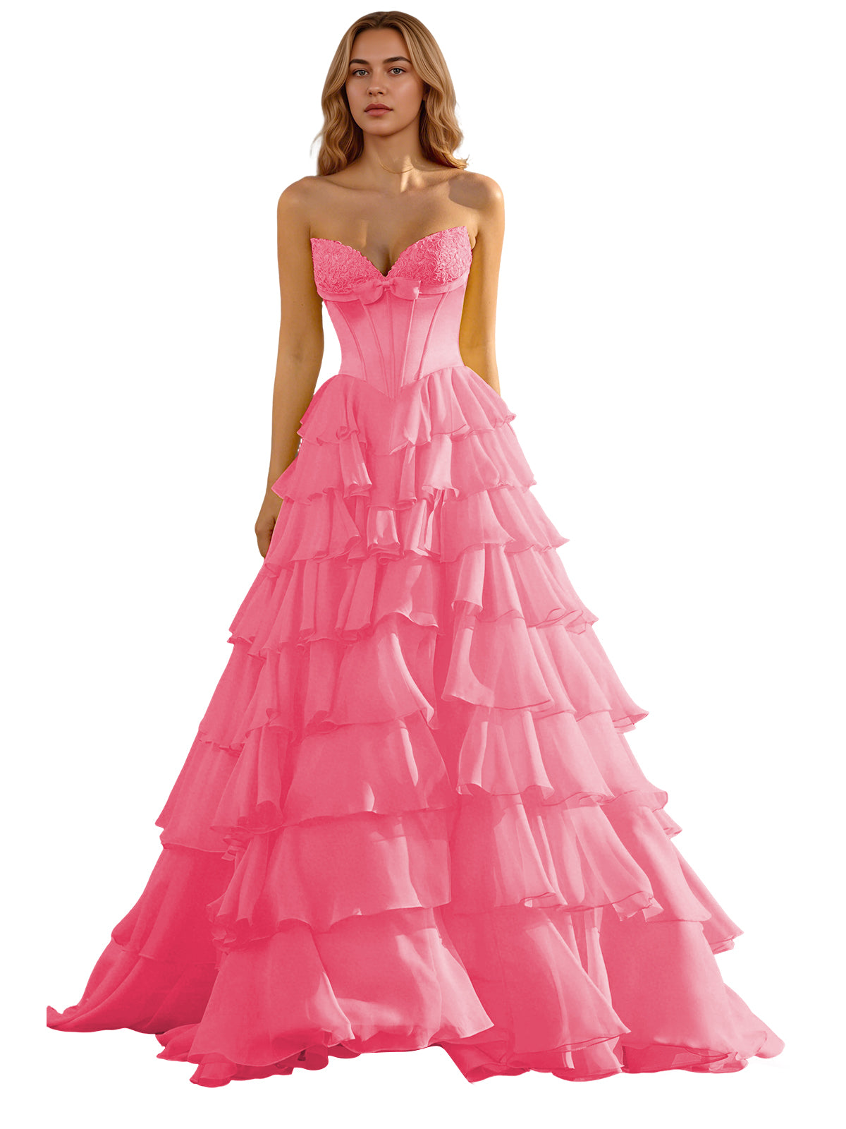 Strapless Tiered Organza Ball Gown Prom Dress with Corset Top