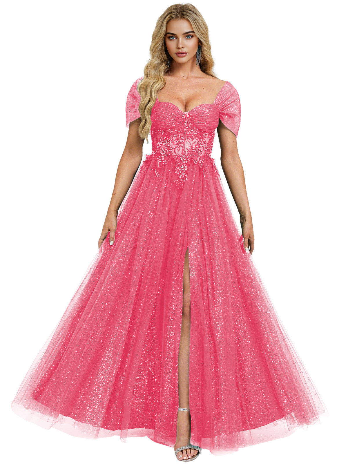 Short Sleeve Glitter Tulle Prom Dress with Illusion Bodice and Slit