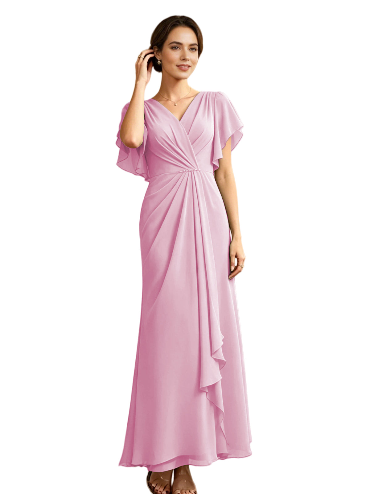 Long Chiffon Mother of the Bride Dress V-Neck Flutter Sleeve A-Line Gown with Beaded Waist