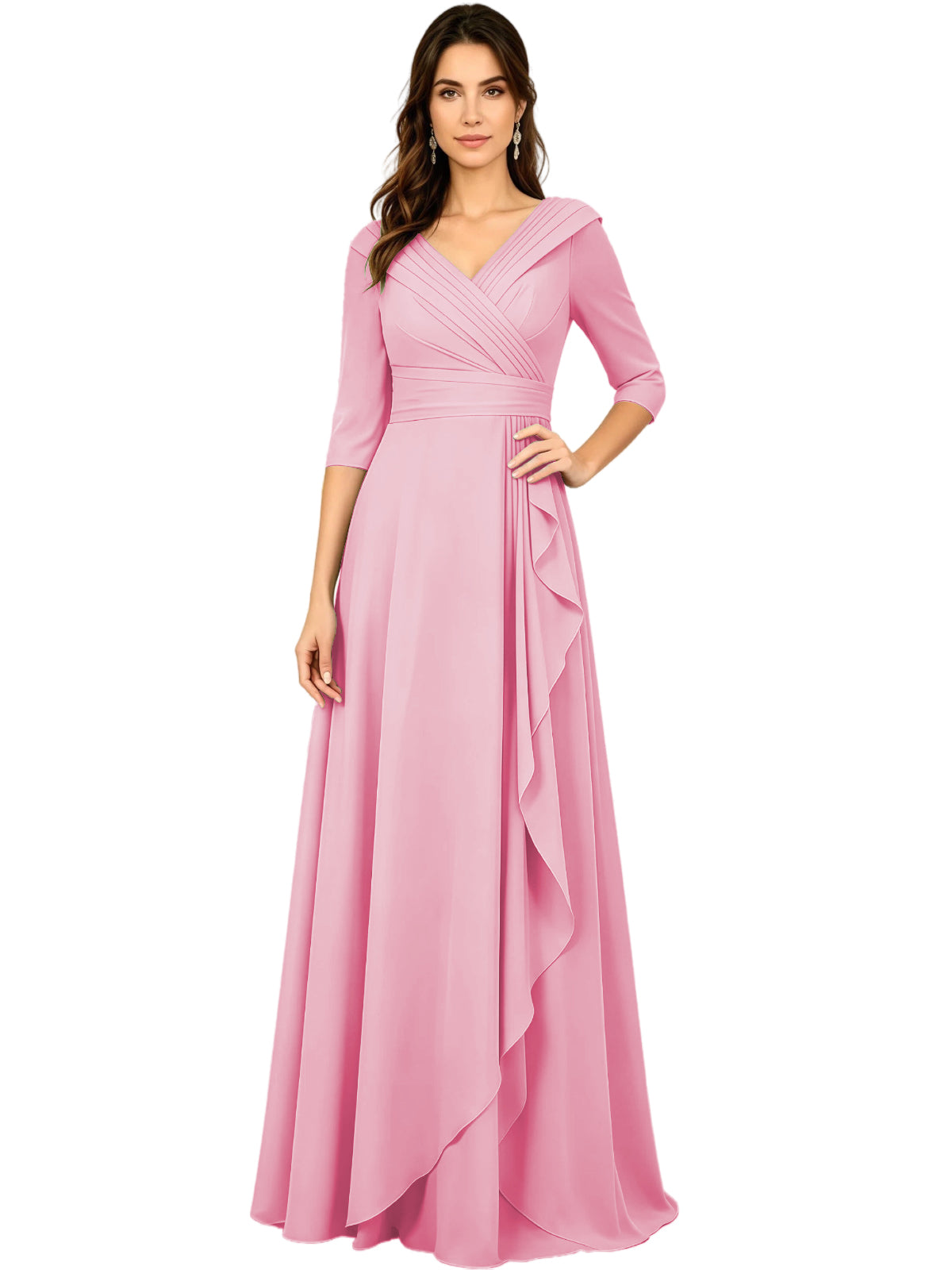 Long V-Neck Mother of the Bride Dress Chiffon Half Sleeve A-Line Gown with Side Ruffle