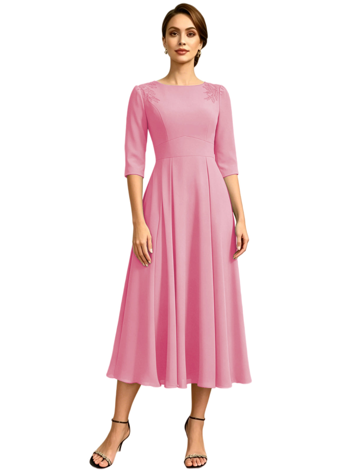 Tea Length Mother of the Bride Dress Jewel Neck Chiffon A-Line Formal Gown with Embroidery