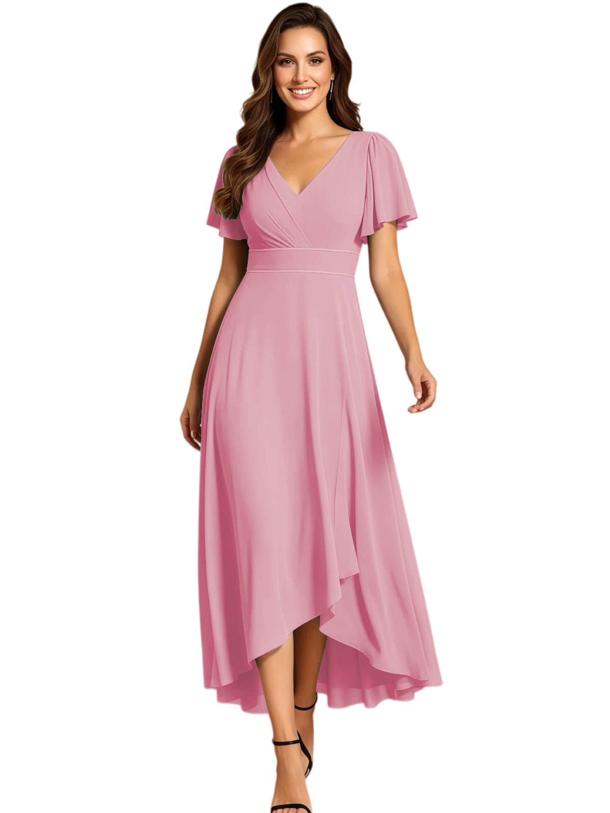 High Low Mother of the Bride Dress V-Neck Flutter Sleeve Chiffon Formal Gown