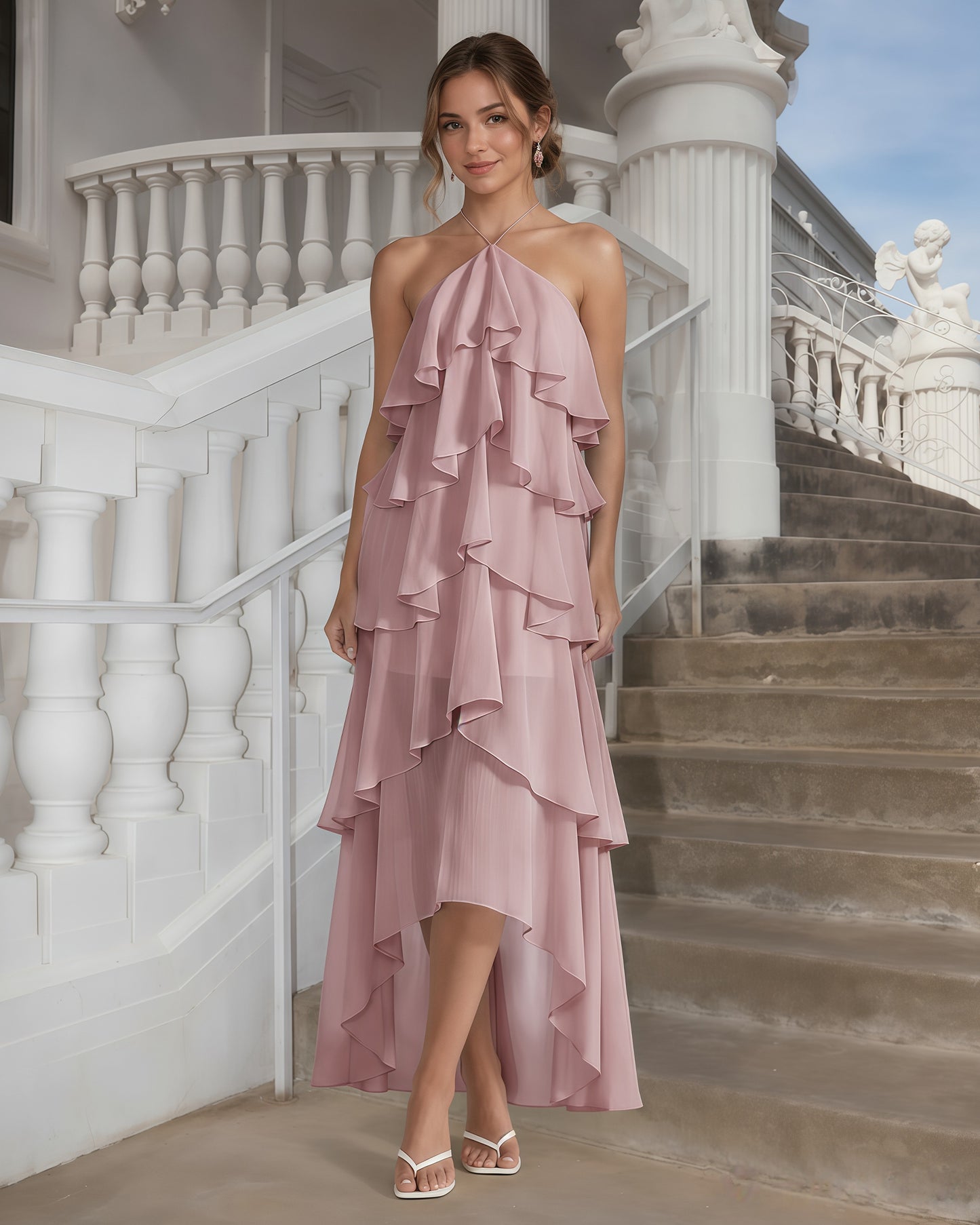 One-Shoulder Tiered Ruffle High-Low Chiffon Formal Dress