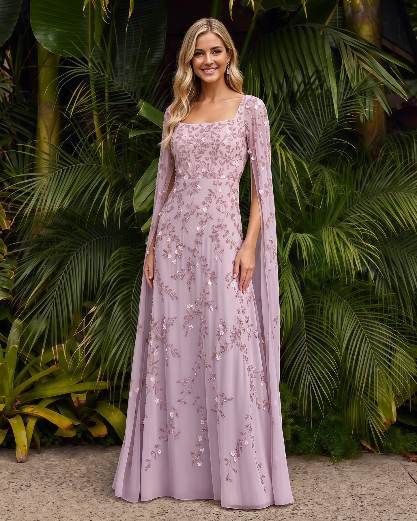 Square-Neck Long-Sleeve Lace A-Line Formal Dress