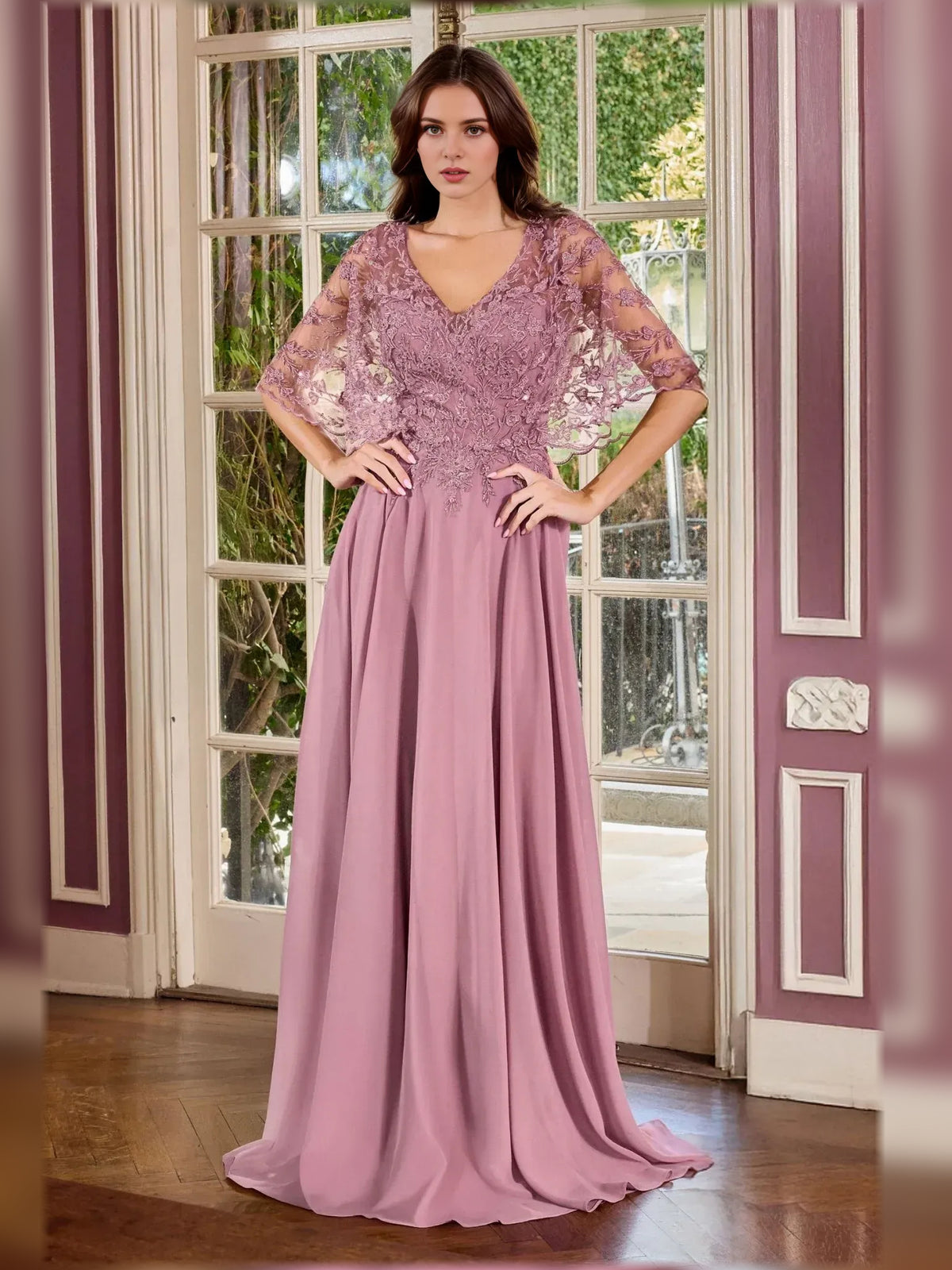 V Neck A-Line Floor-Length Chiffon Mother of the Bride Dress for Anniversary Celebration