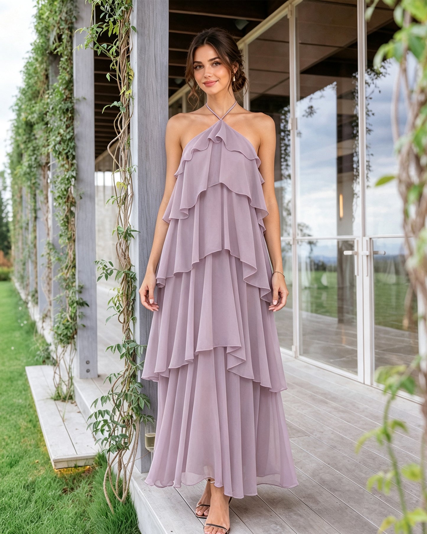 Halter Neck Tiered Chiffon Bridesmaid Dress with Ruffle Overlay